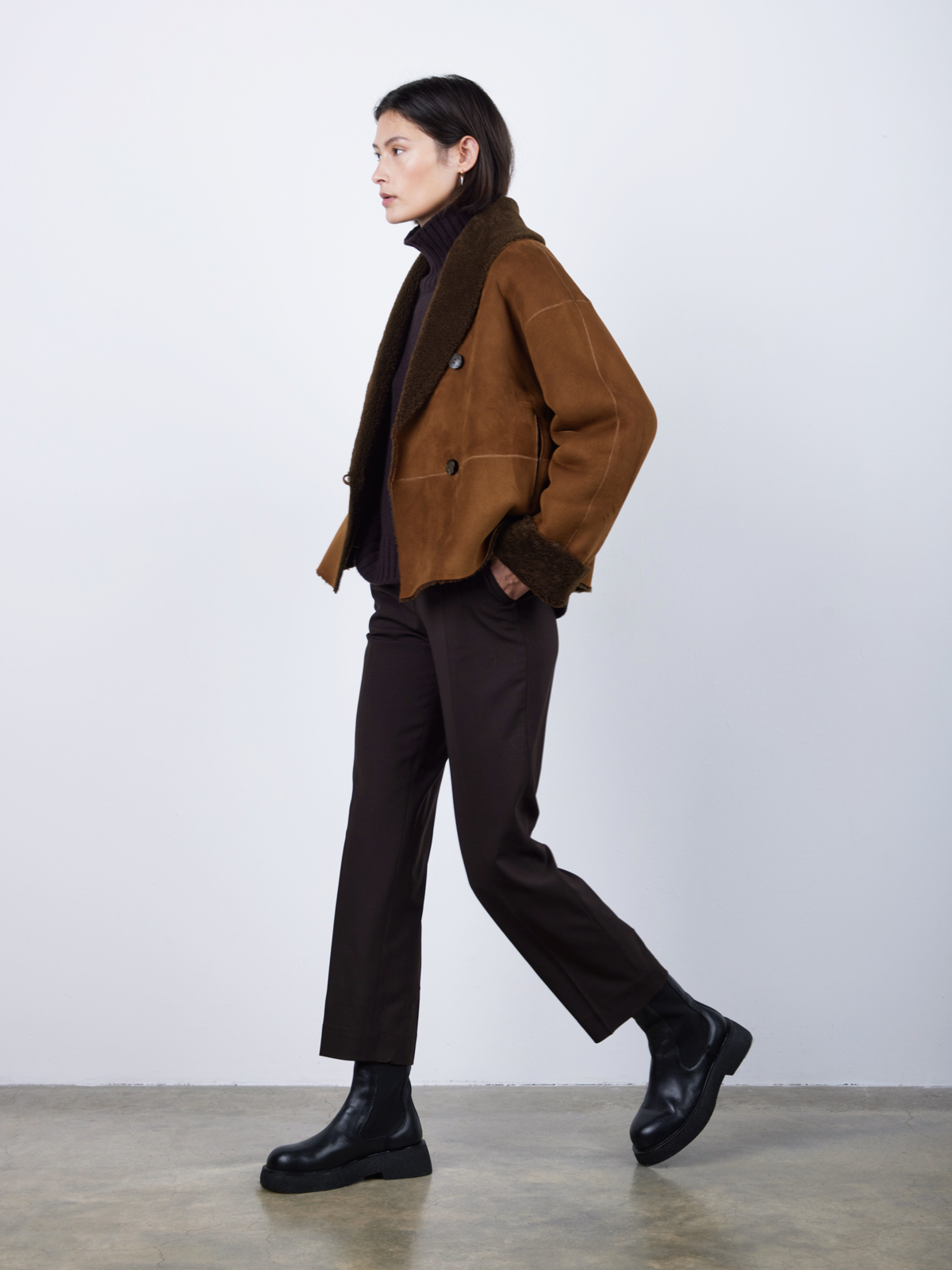Chestnut Brown Boxy Shearling Jacket | Womens | Gushlow & Cole - model side walking