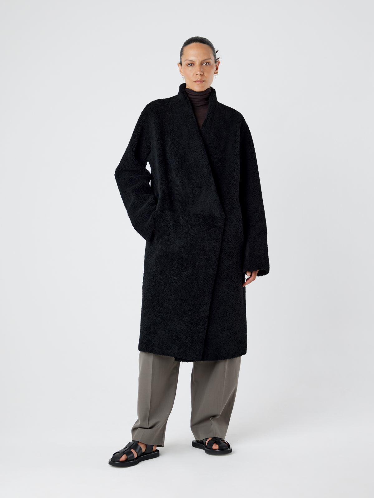 Collarless Black Shearling Wrap Coat Womens Gushlow Cole