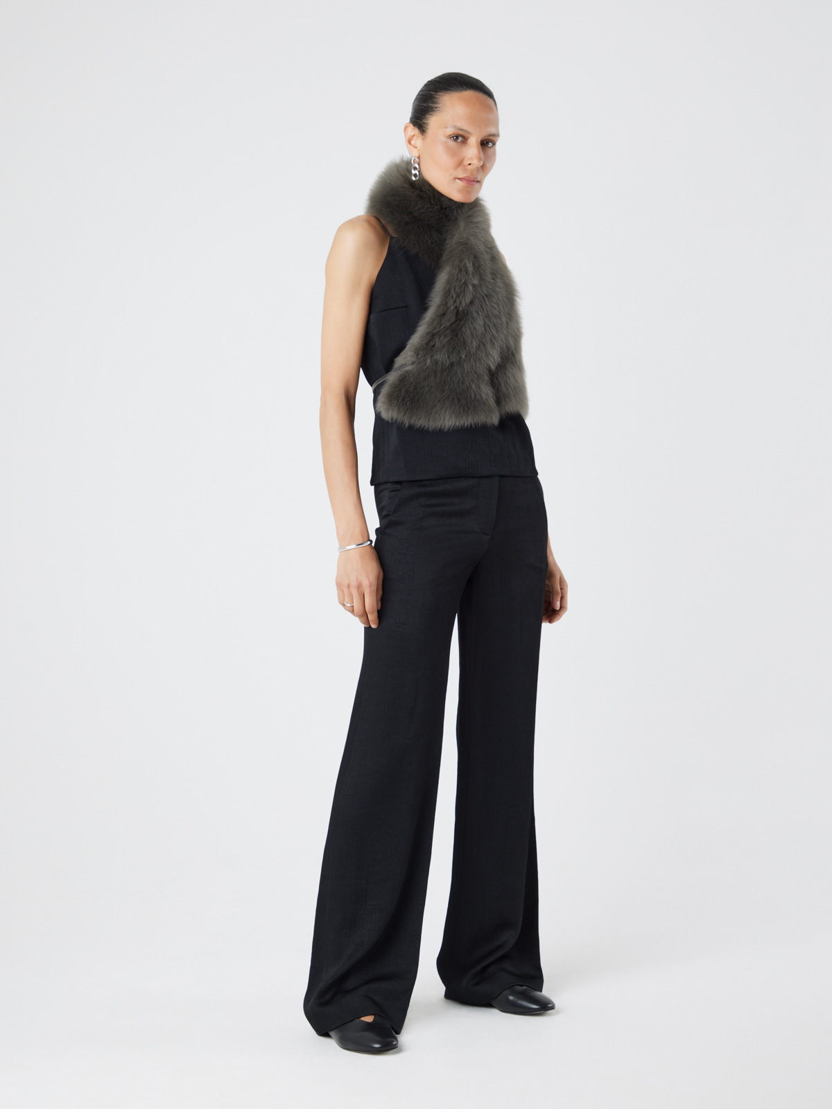 Storm Green Shearling Shawl Scarf | Womens | Gushlow & Cole - model full length scarf crossed over