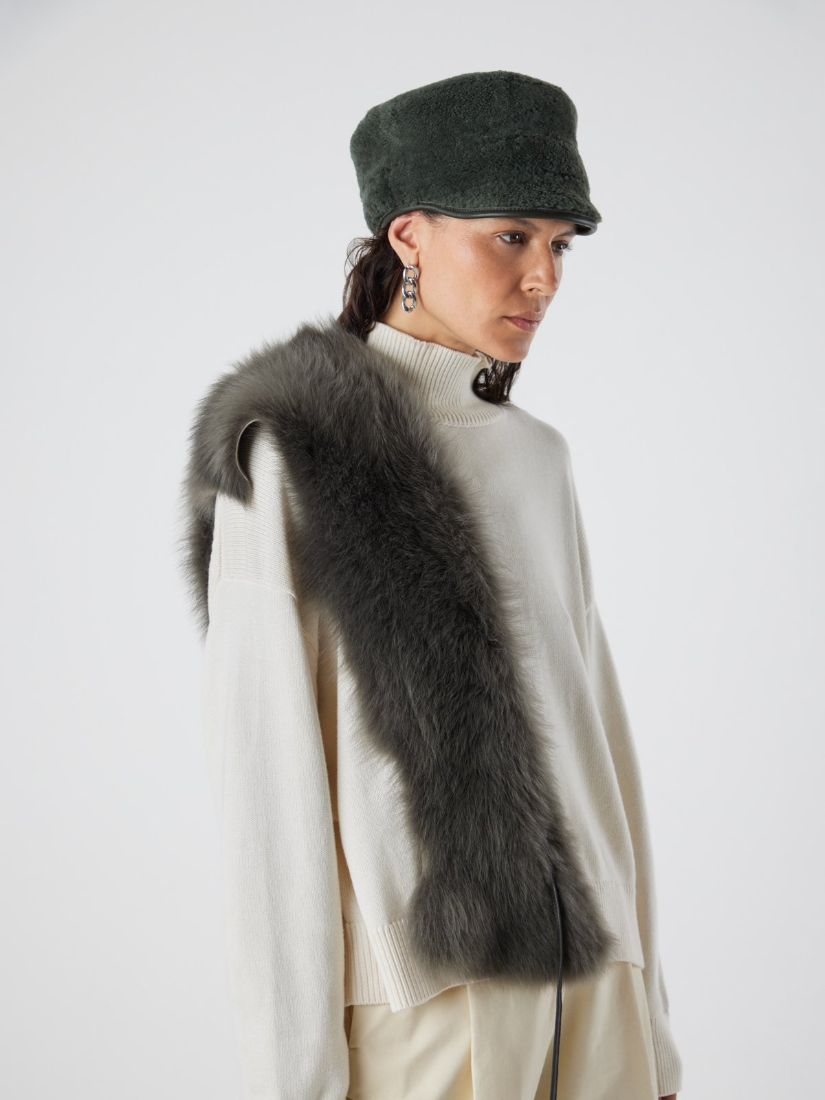 Storm Green Shearling Shawl Scarf | Womens | Gushlow & Cole - model with hat