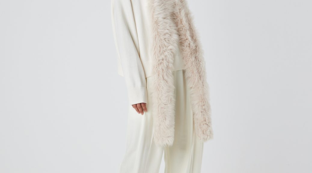Long Cream Shearling Hooded Scarf | Womens | Gushlow & Cole- scarf on model full length