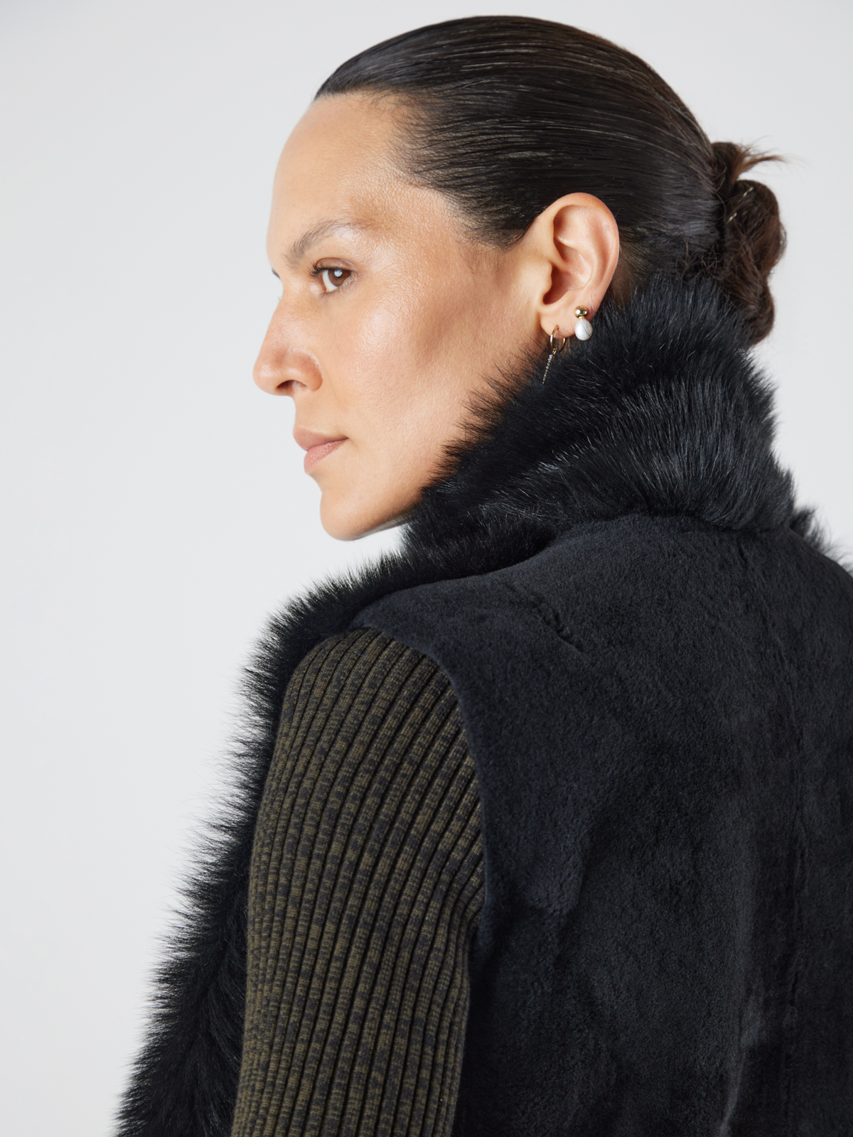 Mid Length Black Shearling Gilet | Womens | Gushlow & Cole - model crop back