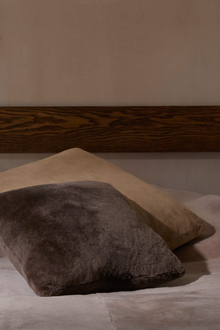Large Camel Suede Scatter Cushion | Home | Gushlow & Cole - suede cushion with shearling cushion on bed
